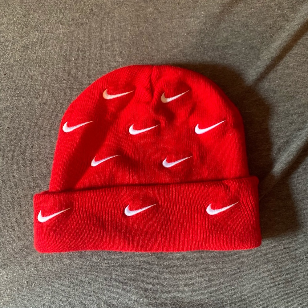 Nike All Over Swoosh Logo Cuffed Beanie Red